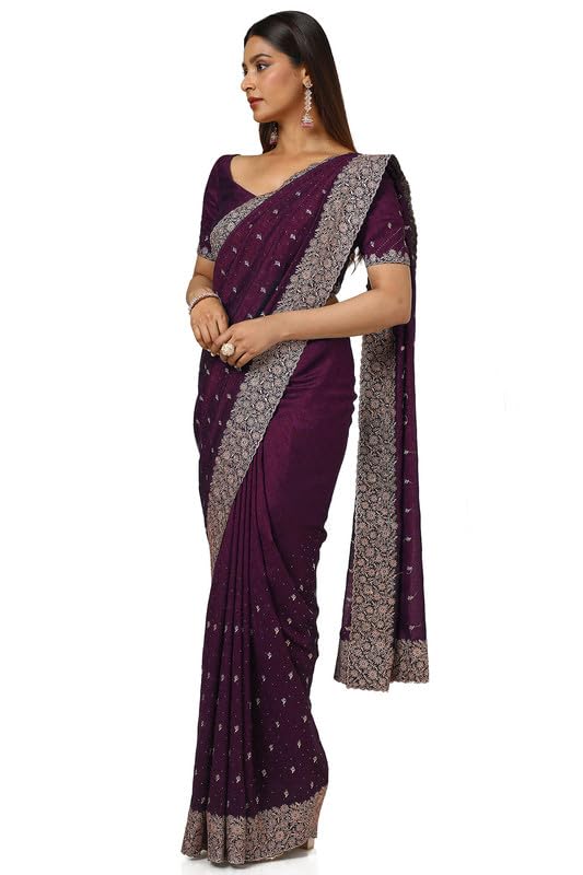 Soch Womens Wine Zari Embroidered Tussar Saree With Stone Work