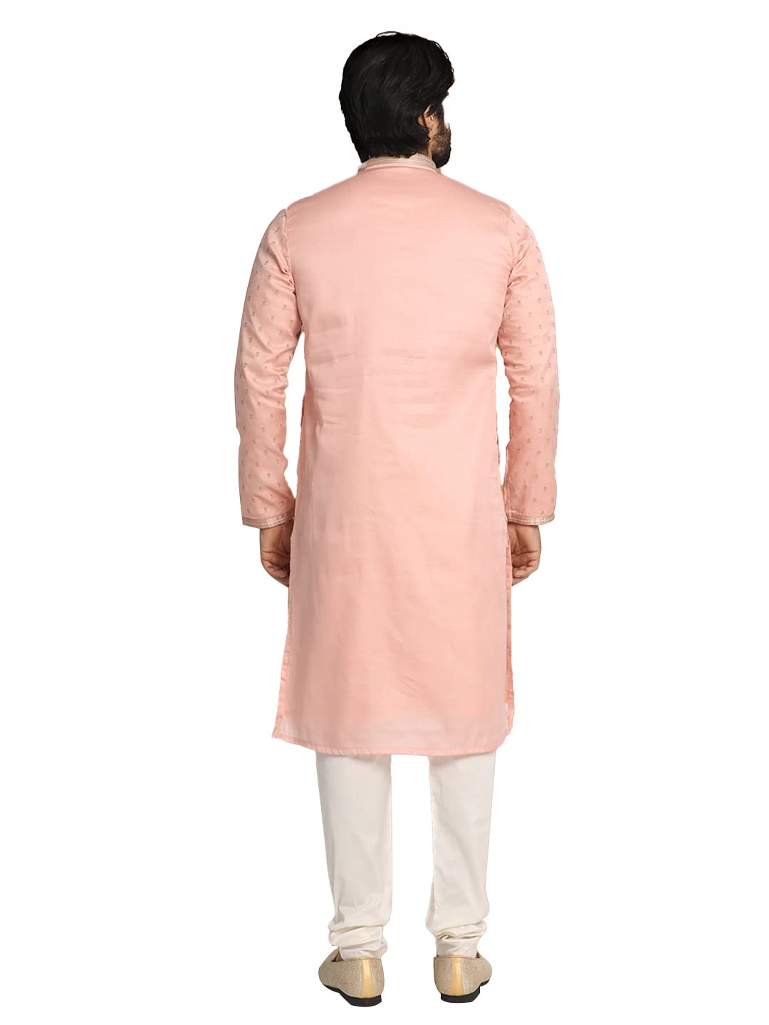 Manyavar Men's Kurta Set, Chanderi Silk Mandarin Collar Full Sleeve Kurte Set for Men Gajari (Medium)