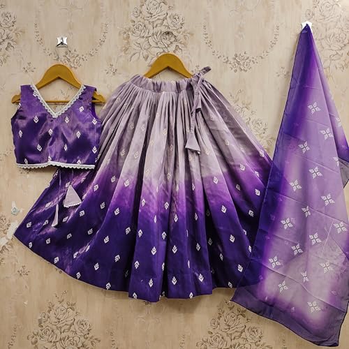 Tejam Kids Girls Latest Tie-Dye Printed Stylish Sleeveless Crop Top With Flared Lehenga Set- Fancy Lehenga Choli For Girls 2 To 8 Years (Jambli, 2-3 Years)