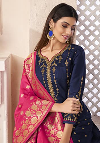 VUBA Women's Dola Silk Semi Stitched Top with Unstitched Shantoon Bottom and Jacquard Dupatta Embroidered Straight Kurta Dress Material (Kurta Palazzo Set)