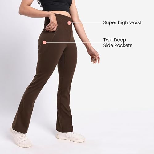 BlissClub Ultimate Flare Pants for Women Upto 5'4 ft | Ribbed Waistband, 4 Pockets | High Waist Trousers and Formal Pants for Office wear