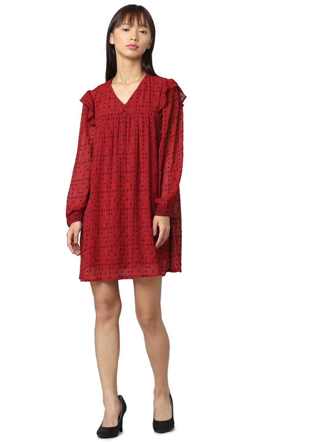 Only Women's Polyester Shift Above The Knee Dress (124156801- Merlot_34)