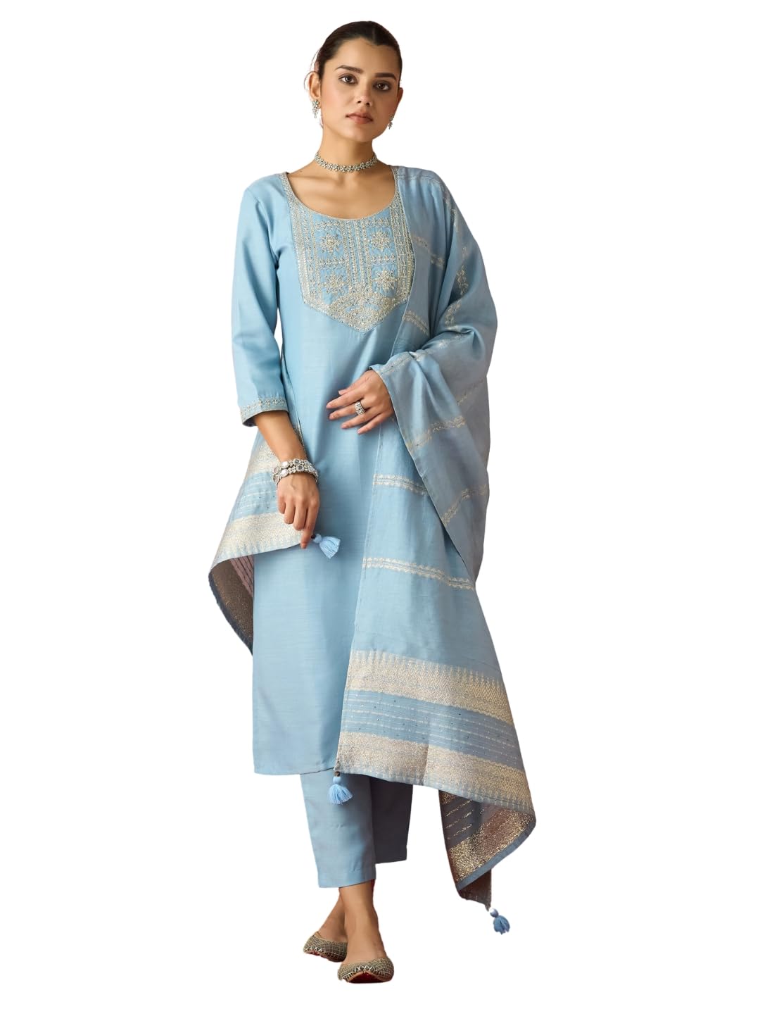 Hritika Blue Cotton Blend Sequined Embroidered Kurta with Pant and Dupatta_HRKBD0219LBLUE_M