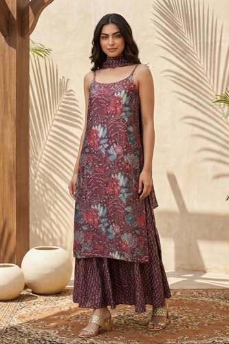 W for Woman Maroon Floral Printed Japanese Satin A-line Kurta with Sharara and Dupatta Set - (WS13585-126545-M)
