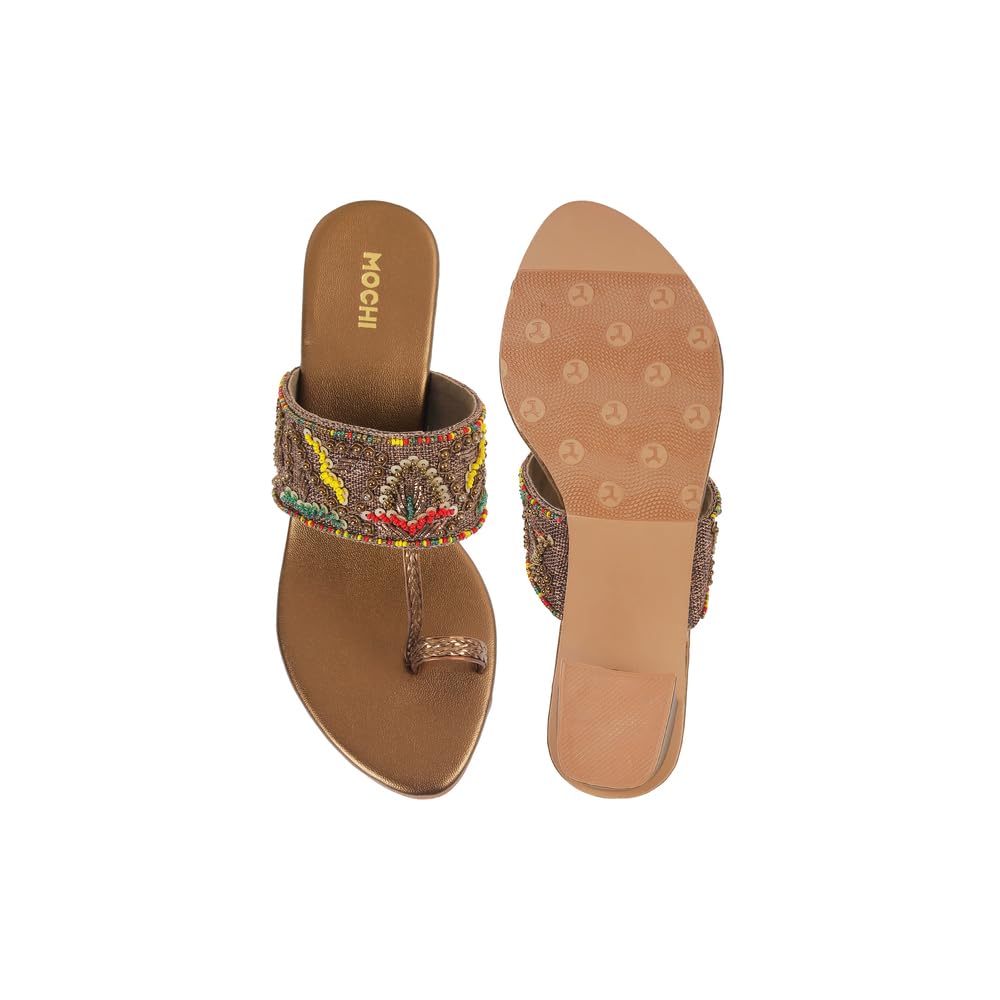 Mochi Women Antique Gold Ethnic Embellished Block Heel Sandal UK/5 EU/38 (35-1284)