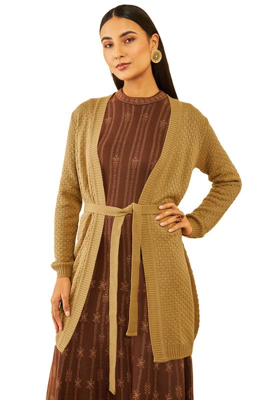 Soch Womens Beige Acrylic Knitted Open-Front Longline Shrug with Waist Tie-Up