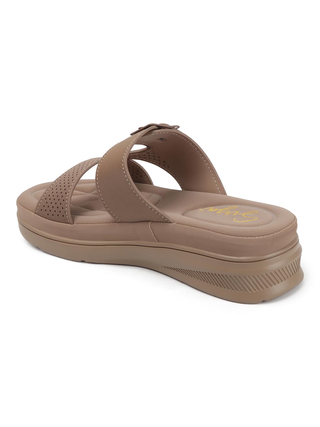 Women Slide Sandals with Perforated Upper and Buckle Detail for All-Day Comfort (Chiku, UK Footwear Size System, Adult, Women, Numeric, Medium, 4)