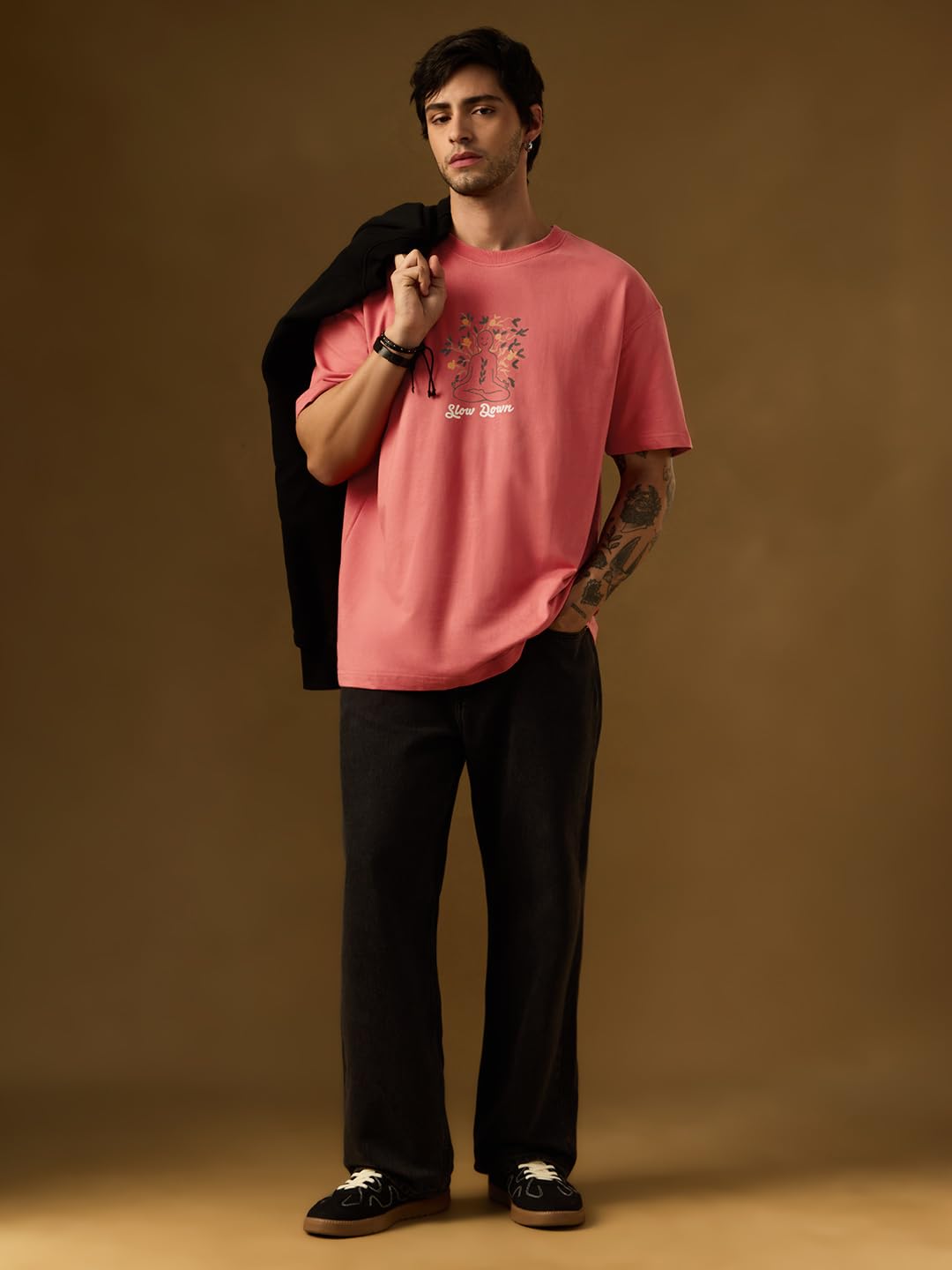 The Souled Store Slow Down Men and Boys Short Sleeves Round Neck Pink Embroidered Cotton Oversized T-Shirts