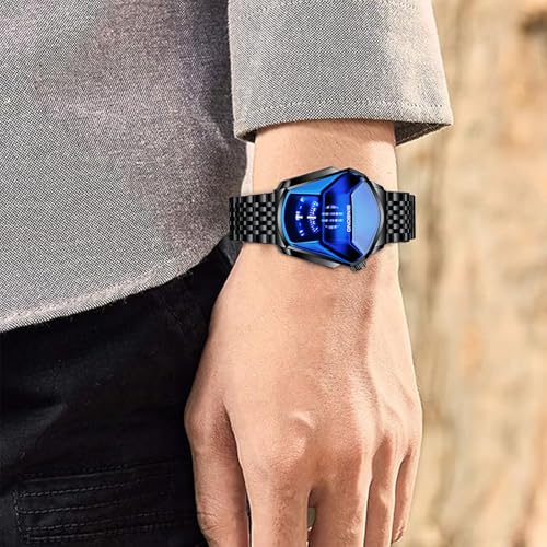 BACHATBAAZZAR—Not a product of our company,Luxury Black Watch for Man, Unique Creative Analog Watch, Stainless Steel Black Tone Strap Quartz Watch with Blue Big Dial, Waterproof Business Men's Fashion Wrist Watch