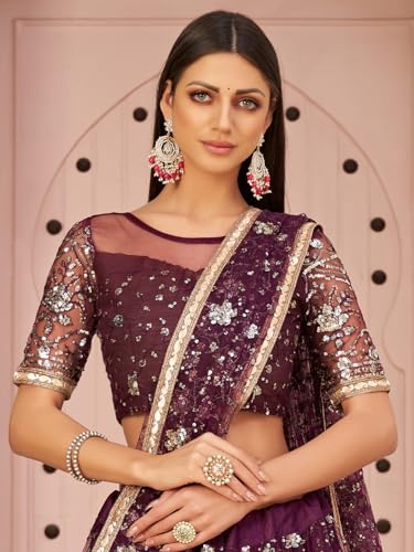 Zeel Clothing Womens Net Lehenga Choli Semi-Stitched Wine Wedding Bridal Free Size