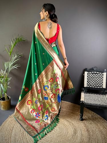 Panzora Women's Green Kanjivaram Paithani Silk Saree With Unstitched Blouse Piece