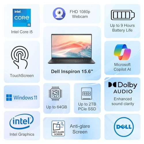 Dell 15.6" FHD Touchscreen Laptop | 13th Gen Intel Core i5-1334U | 16GB RAM | 512GB PCIe SSD | Wi-Fi 6 | 1080p Webcam | Copilot AI | HDMI | Business & Study Ready | Windows 11