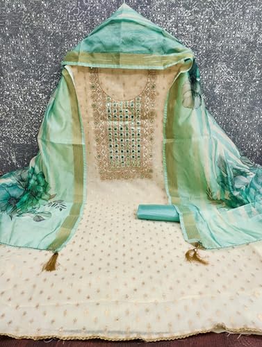 Leeli Peeri Designer Women's Simmer Silk Mirror Embroidery Work Unstitched Salwar Suit Dress Material