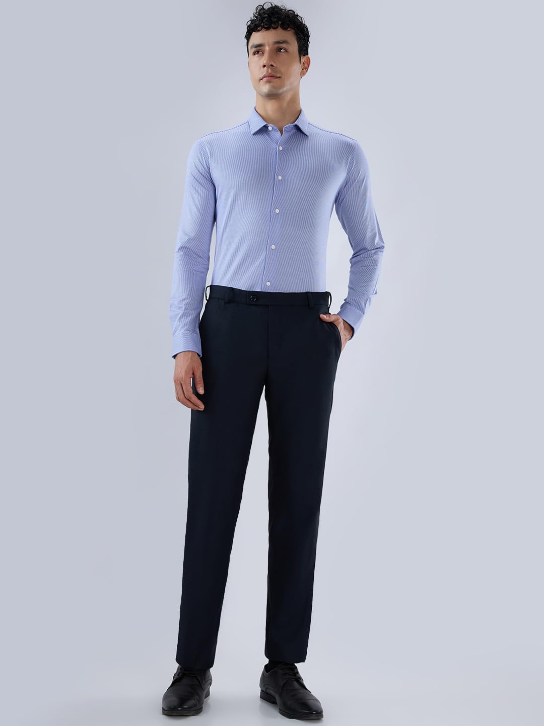 Park Avenue Men Slim Fit Solid Pattern Poly Viscose Blend Flat Front Formal Trouser Dark Blue