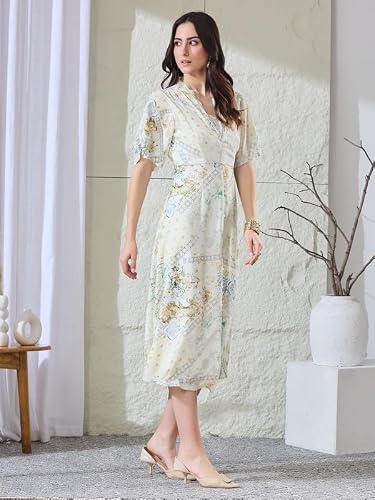 Latin Quarters Women's White Printed Half Sleeves V-Neck Casual A-Line Dress_S