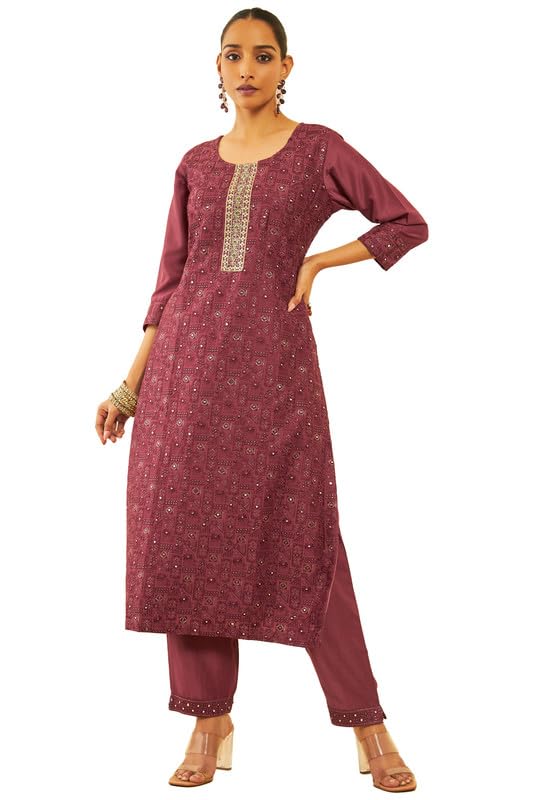Soch Womens Maroon Silk Blend Embroidered Suit Set with Zardosi Sequinned Work
