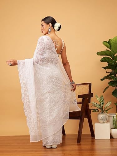 Ada Hand Embroidered Lucknowi Chikankari Georgette Saree for Women with Unstitched Blouse Piece A311382 White
