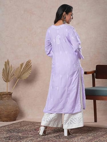 Ada Hand Embroidered Lucknowi Chikankari Cotton Straight Kurta Kurti for Women A411677 Lavender (M)