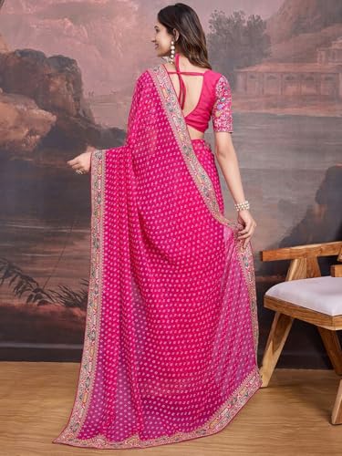 Panzora Women's Georgette Bandhani Printed Pink Saree With Embroidery Unstitched Blouse Piece