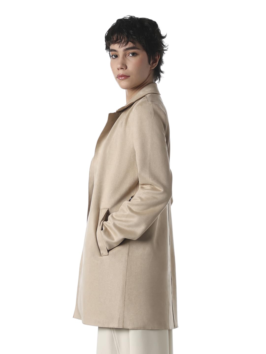 ONLY Women's Solid Regular Fit Beige Coat