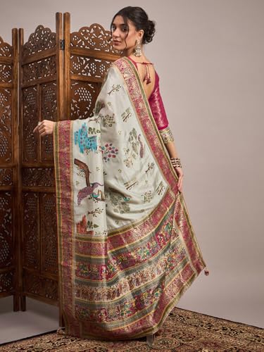 AKHILAM Women's Grey Viscose Silk Botanical Printed Saree With Unstitched Blouse Piece (MSTANI162B_HS)