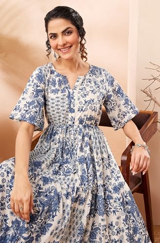 Janasya Women's Blue Pure Cotton Floral Printed Fit & Flare Dress (JAA26DR03620-JA-2XL)