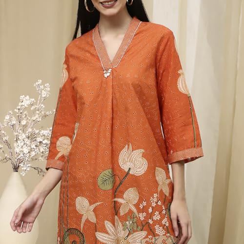 Biba Women Orange Cotton Blend Schiffli Straight Kurta Set_38