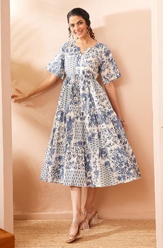 Janasya Women's Blue Pure Cotton Floral Printed Fit & Flare Dress (JAA26DR03620-JA-2XL)