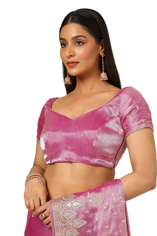 Soch Womens Onion Pink Organza Embroidered Saree With Stone Work