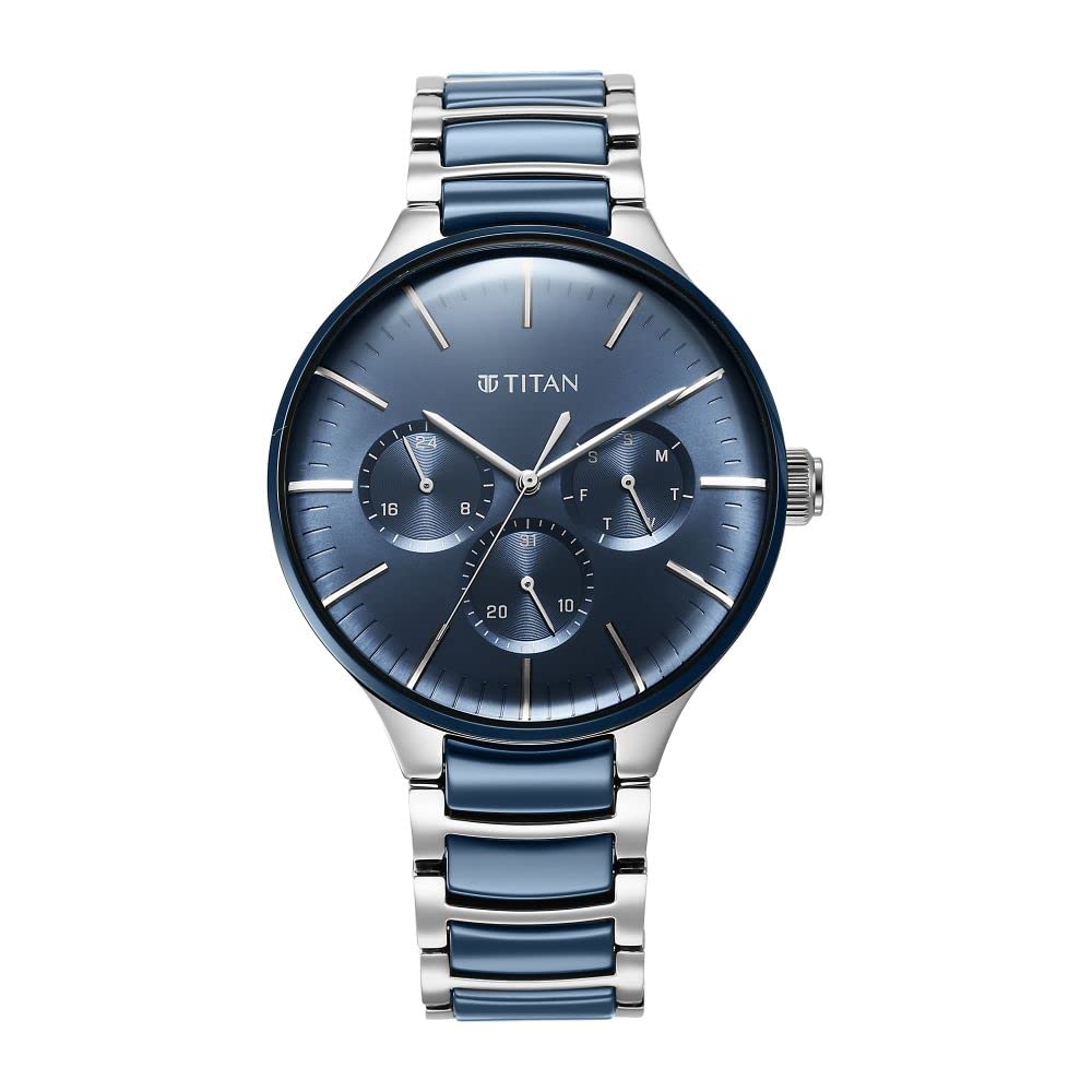 Titan Ceramic Fusion Quartz Multifunction Midnight Blue Dial Two Toned Silver and Metallic Blue Stainless Steel Bracelet Watch for Men - NT90148KD02