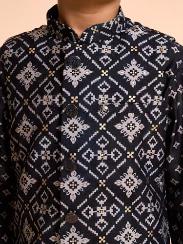 Manyavar Boys Blended Viscose Foil Print Kurta Jacket Pyjama Set (Black,12-14Y)