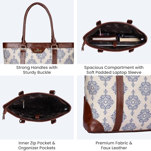 THE CLOWNFISH Miranda Series 15.6 inch Laptop Bag For Women Printed Handicraft Fabric & Faux Leather Office Bag Briefcase Hand Messenger bag Tote Shoulder Bag (Off White)