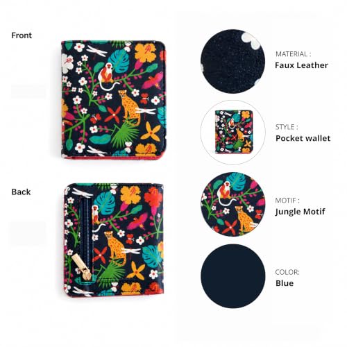 Chumbak Women’s Wallet – Madagascar Tales Collection, Vegan Leather Rectangle Wallet with Button Lock, Zipper Coin Section & Card Slots – Blue Purse