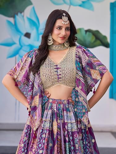 Zeel Clothing Women's Digital Print with Zari Dori Embroidery Work Chinnon Silk Lehenga Choli With Dupatta (7050-Women-Lehenga-Choli-New; Free size) (Purple)