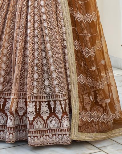 Zeel Clothing Women's Thread Sequins Work Embroidery Net Lehenga Choli with Dupatta (2132-Brown-Wedding-Women-Lehenga-Choli; Free Size)