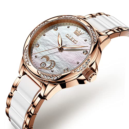 OLEVS Analog Wristwatch, Waterproof, Women'S, Fashion, Fashion, Simple, Women'S, Crystal, Arabic/Roman Dial, Leather Strap, Easy To Read Watch, Cute Watch, White, Women, Bracelet Type