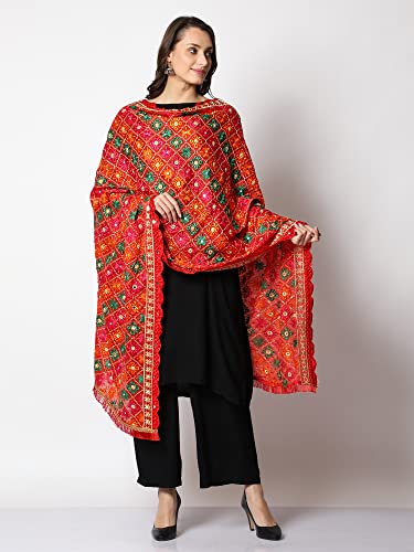 SWI WITH LABEL Women's Embroidered Phulkari Chiffon Dupatta(SFD55_Multicolored)