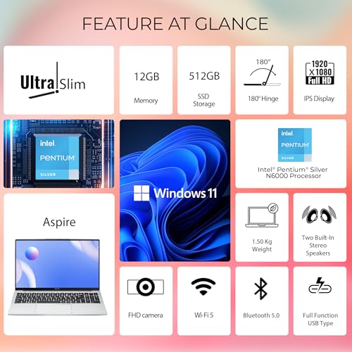 acer Aspire 3, Intel Pentium N6000, 12GB LPDDR4X RAM, 512GB SSD, HD, 15.6"/39.62cm, Windows 11 Home, Pure Silver, 1.5KG, A325-45, Thin and Light Laptop