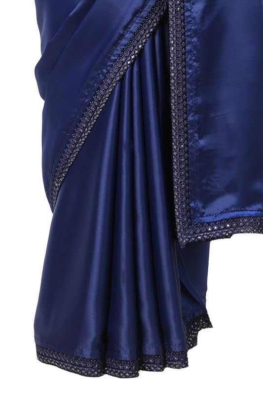 Soch Womens Navy Blue Organza Plain Saree with Lace Border