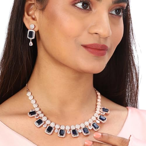 VOYLLA Blue stones rose gold necklace set