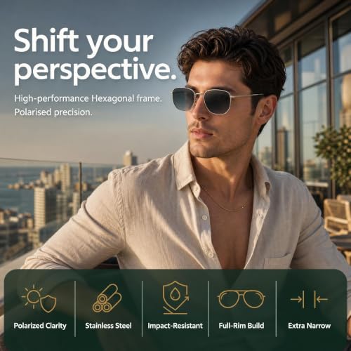 John Jacobs Grey | Full Rim Hexagonal Stylish & Premium Sunglasses | JJ Acetate | Polarized and 100% UV Protected | Men & Women | Extra Narrow | JJ S12807S