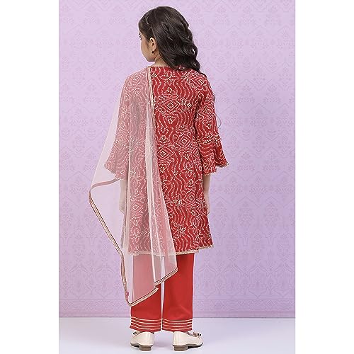 BIBA Rayon Girl Printed Straight Kid Kurta Pant With Dupatta Set (Kw4852_Red_13)