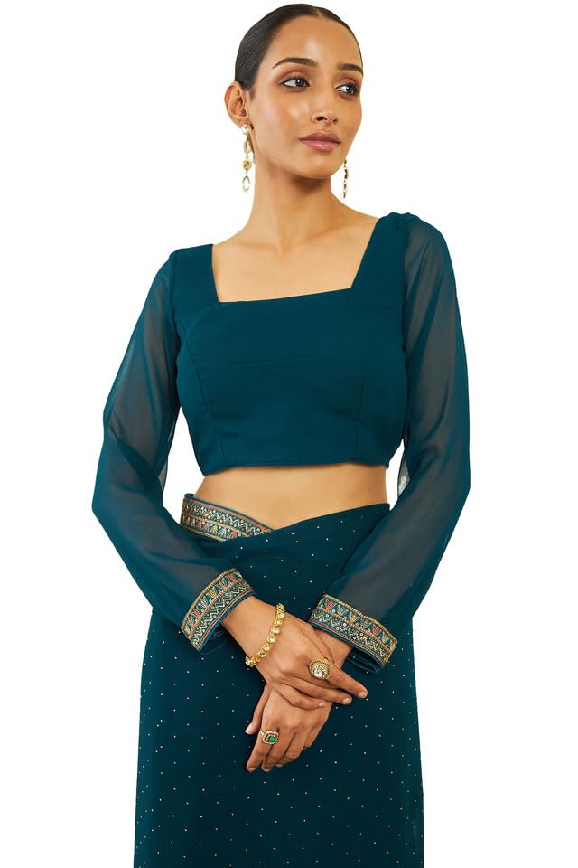 Soch Womens Turquoise Blue Georgette Saree With Stones And Embroidery
