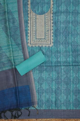 Soch Womens Turquoise Blue Art Silk Geometric Print Unstitch Dress Material With Zari