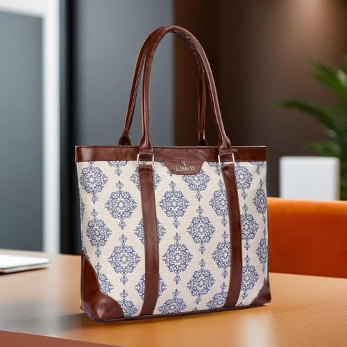 THE CLOWNFISH Miranda Series 15.6 inch Laptop Bag For Women Printed Handicraft Fabric & Faux Leather Office Bag Briefcase Hand Messenger bag Tote Shoulder Bag (Off White)