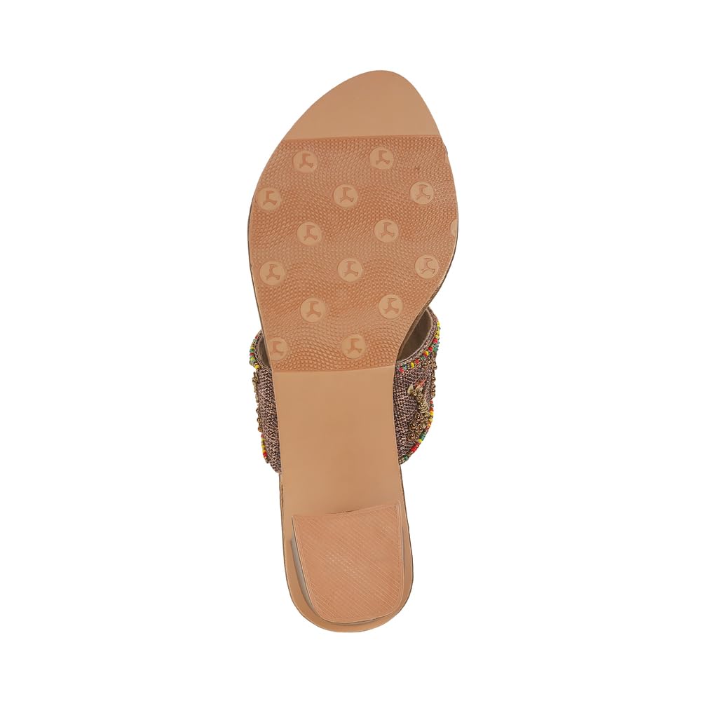 Mochi Women Antique Gold Ethnic Embellished Block Heel Sandal UK/5 EU/38 (35-1284)