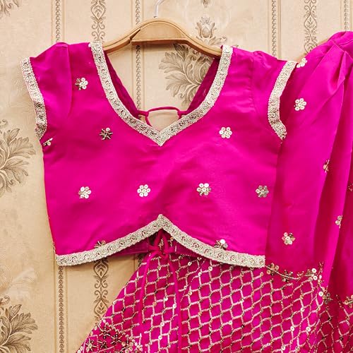 Helene Girls Taffeta Silk Embroidered Lehenga Choli South Indian Traditional Dress Kids Ethnic Wear Full Stitched Lehenga Choli Set (Pink, 7-8 Years)