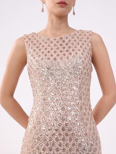 Global Republic Poly Spandex Sequinced Boat Neck Knee Length Dress for Women (461, Champagne, L/XL)