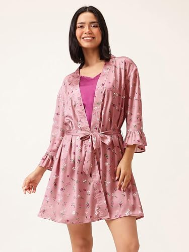 Clovia Women's Satin Pretty Floral Short Robe and Babydoll Set (NS6523R14_Pink_L)