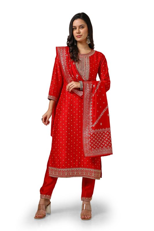 Soch Womens Red Foil Print Suit Set With Thread Work